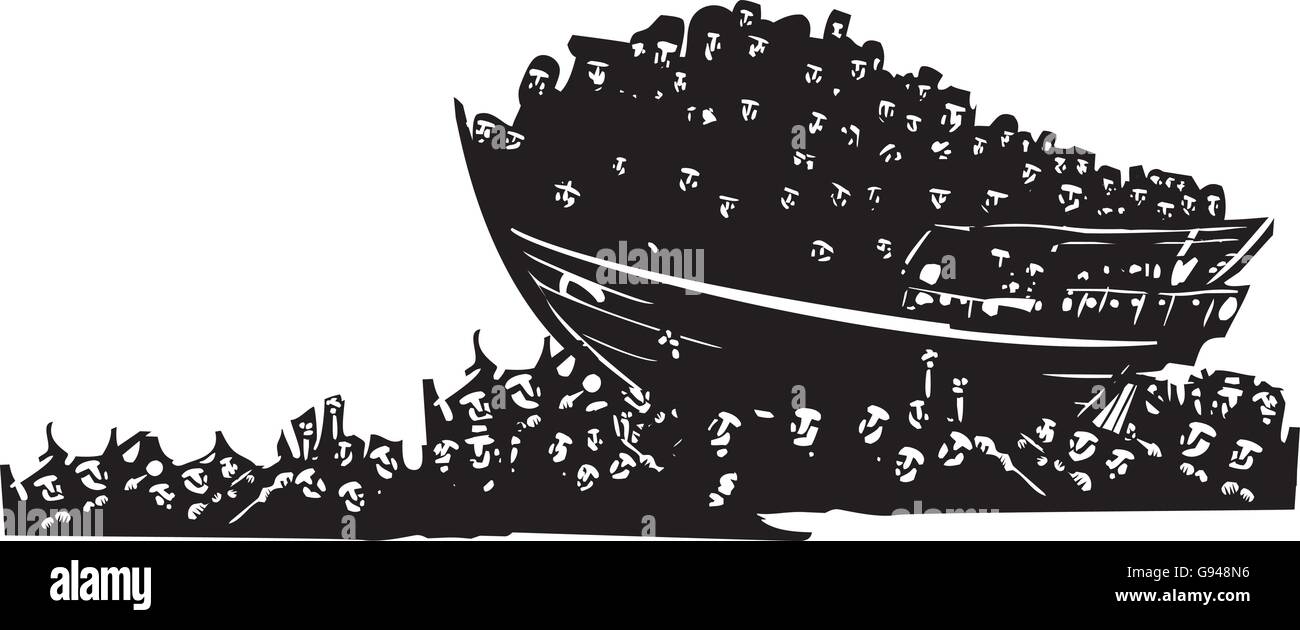 Silografia espressionista stile immagini di una barca di profughi su un mare di umanità Illustrazione Vettoriale