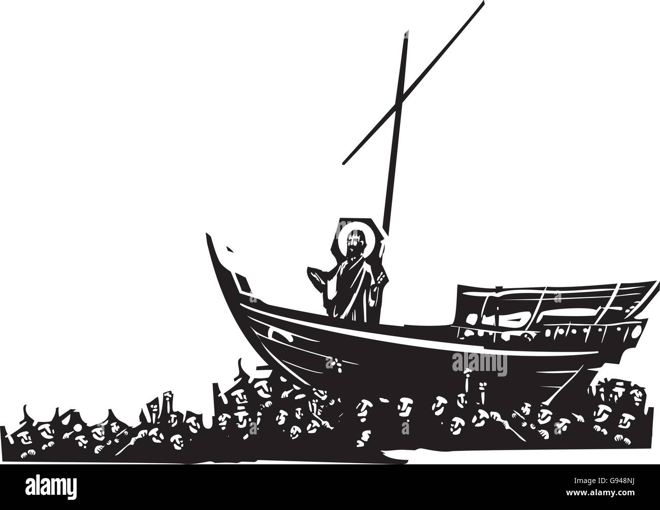 Silografia espressionista stile immagini di Cristo su una barca portato ina mare di umanità Illustrazione Vettoriale