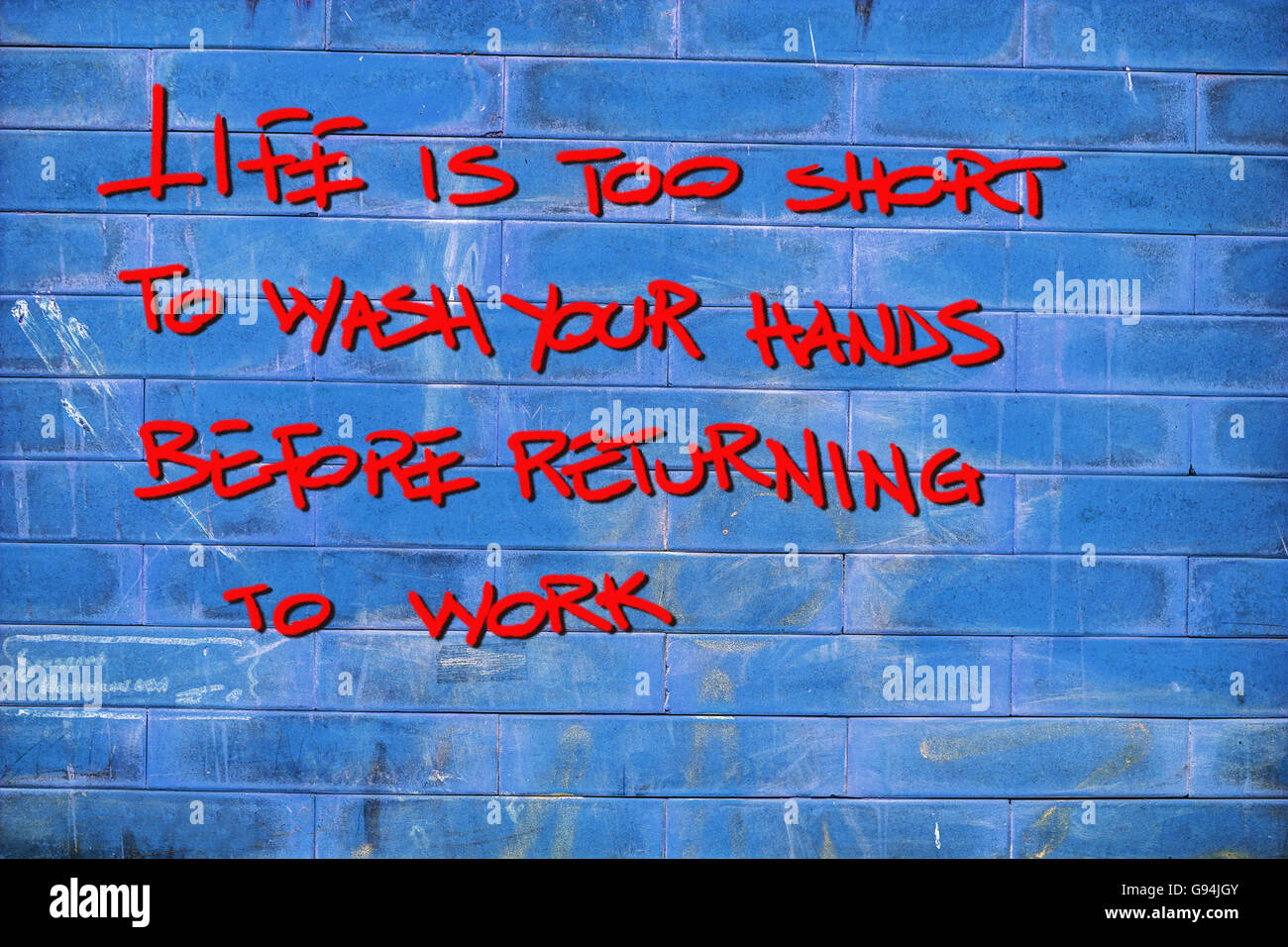 "La vita è troppo breve per lavarsi le mani prima di tornare al lavoro' scritto su una parete di colore blu Foto Stock