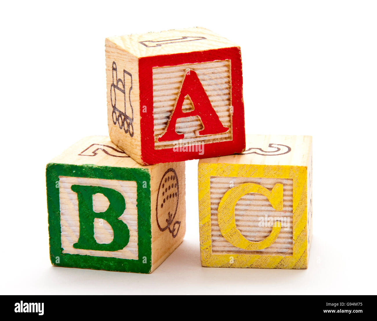 In legno blocchi ABC isolato su bianco Foto Stock
