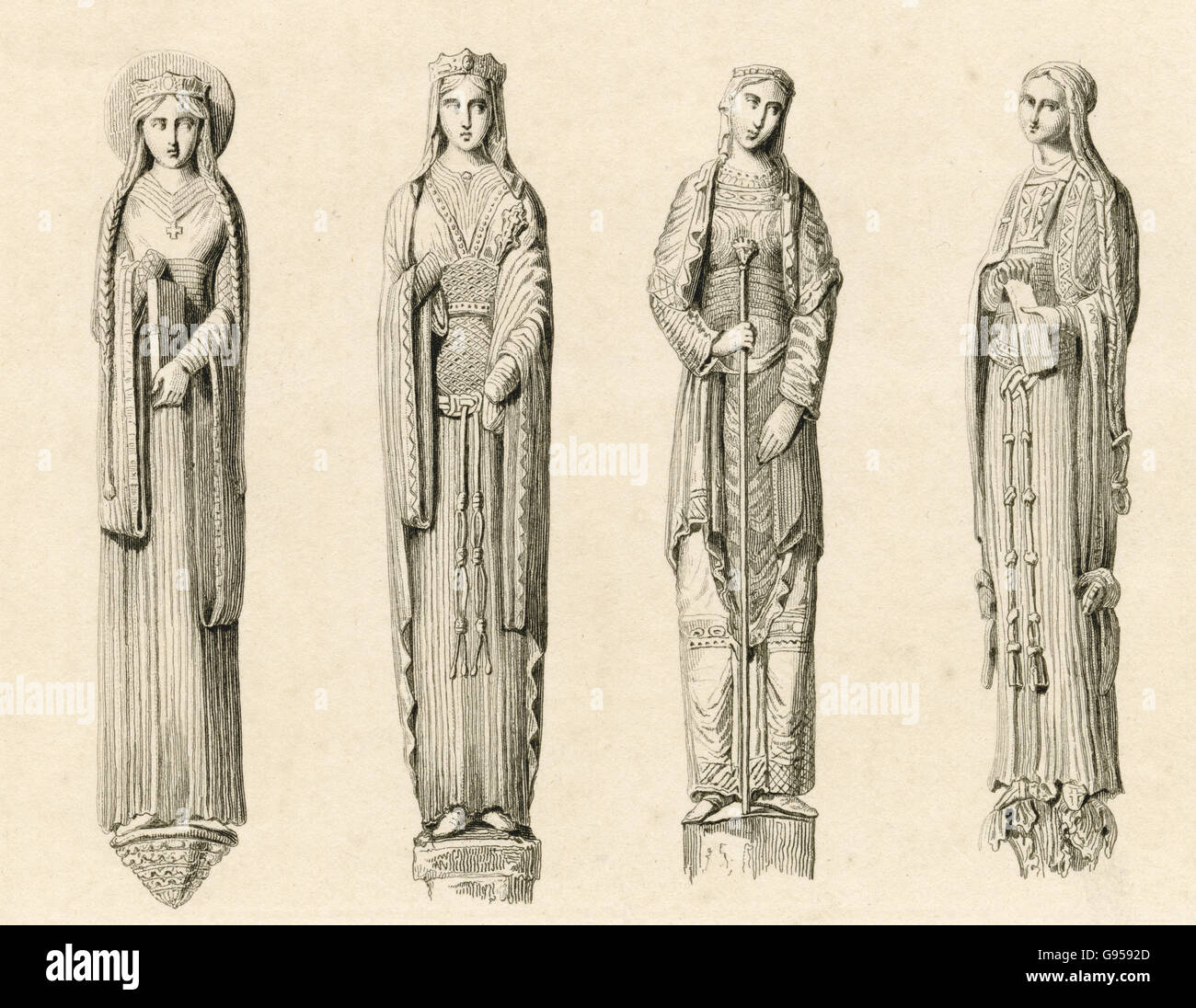 Incisione di antiquariato, circa 1880, di statue raffiguranti il XIII secolo figure di regine e principesse presso la cattedrale di Chartres. Fonte: incisione originale. Foto Stock