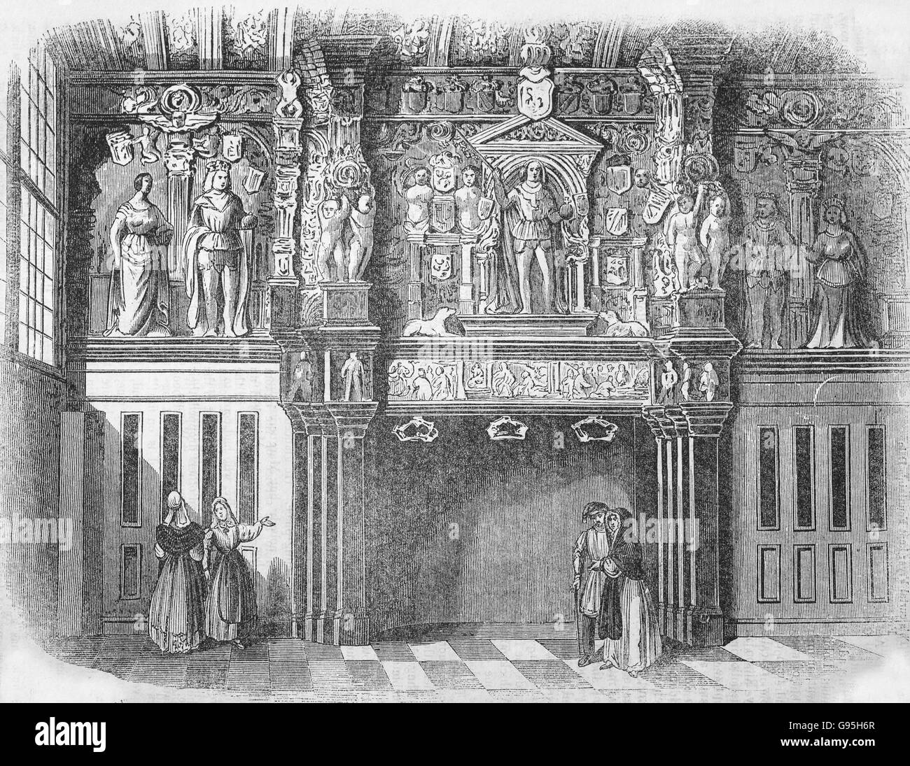 Caminetto scolpito nel Palazzo de giustizia, Bruges, Belgio. Da un XIX secolo incisione. Foto Stock