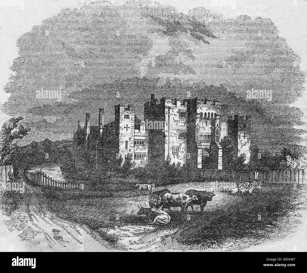 Il castello di Hever, Kent, Inghilterra, da un XIX secolo incisione. Il castello di Hever Castle è situato nel villaggio di Hever, Kent, vicino a Edenbridge, 30 miglia (48 km) a sud-est di Londra, Inghilterra. Ha cominciato come un country house, costruita nel XIII secolo. Dal 1462 al 1539 fu la sede dei Boleyn, originariamente "Bullen', famiglia. Foto Stock