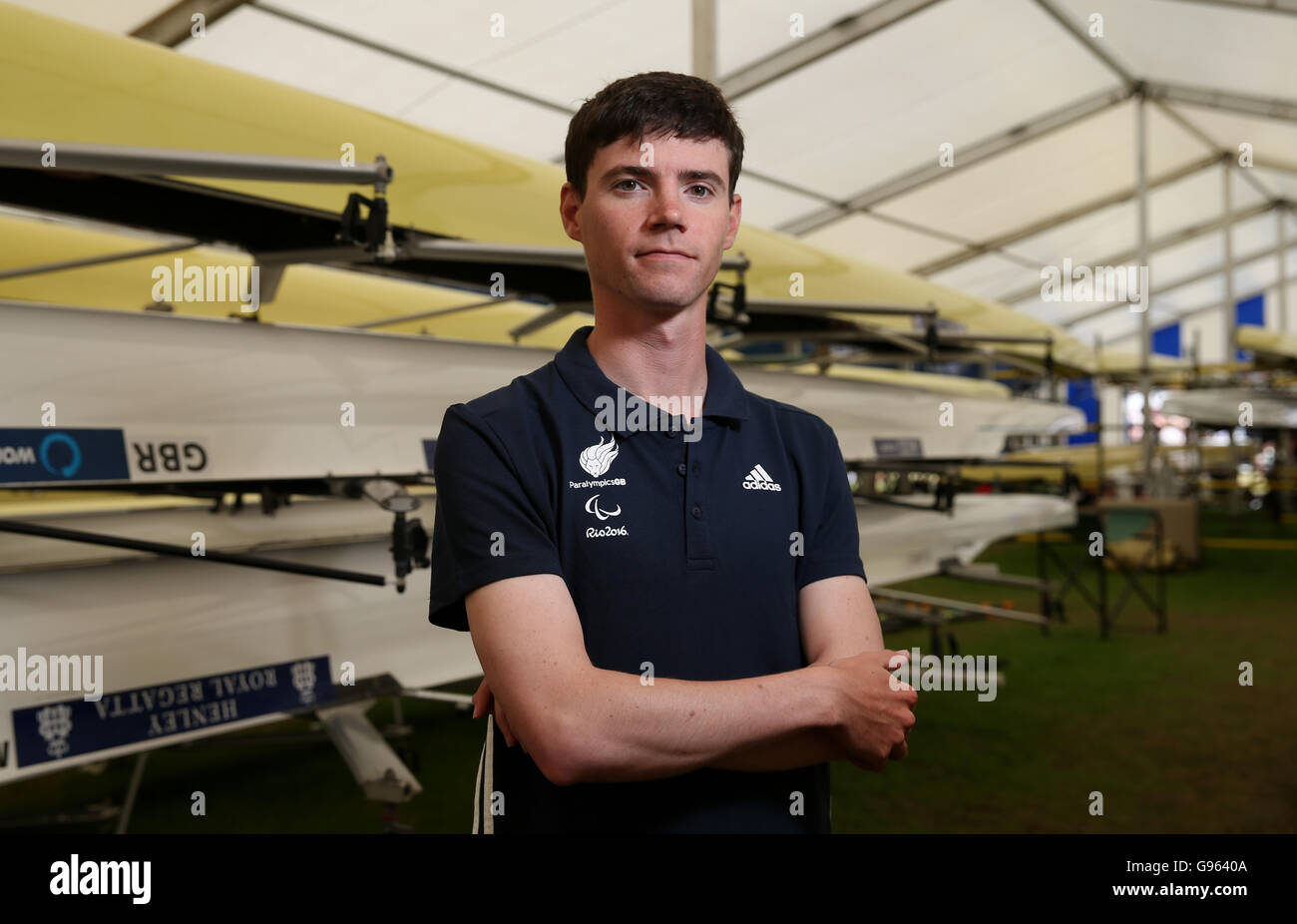 Oliver James - Cox di miscelati coxed quattro durante il canottaggio ParalympicsGB annuncio del gruppo. Foto Stock