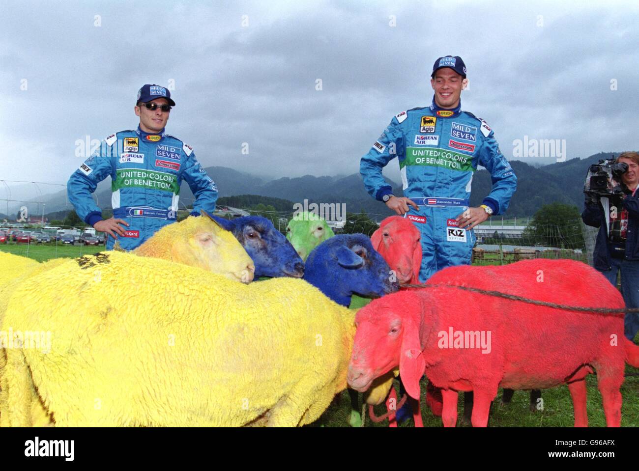 L-R) Giancarlo Fisichella & Alexander Wurz con alcune pecore 'United Colors  of Benetton' Foto stock - Alamy