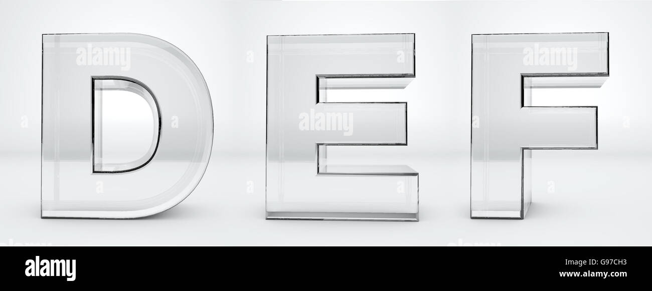 Lettere di vetro trasparenti D, e, F, rendering 3d, Foto Stock