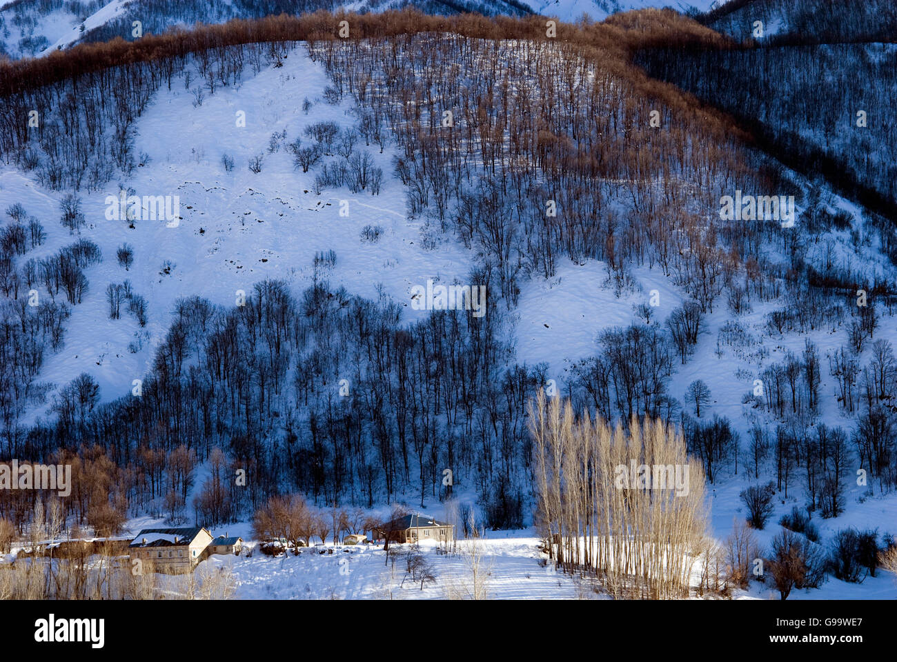 Vista aerea di un villaggio di montagna situato nel villaggio di Yedisu, Kelhac Valley, Turchia. Foto Stock