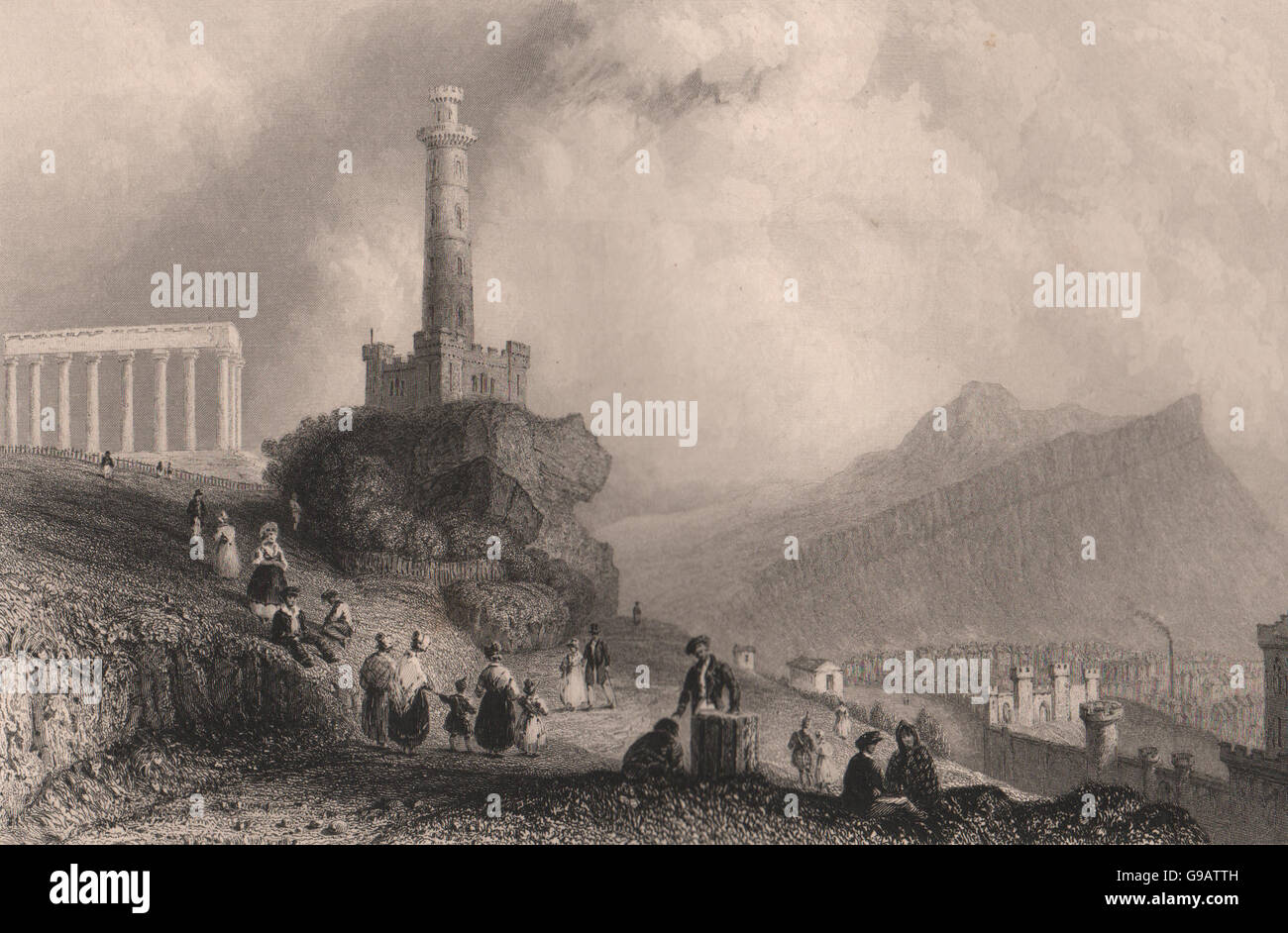 Il Calton Hill. Con il Monumento Nelson. La Scozia. BARTLETT, antica stampa 1838 Foto Stock