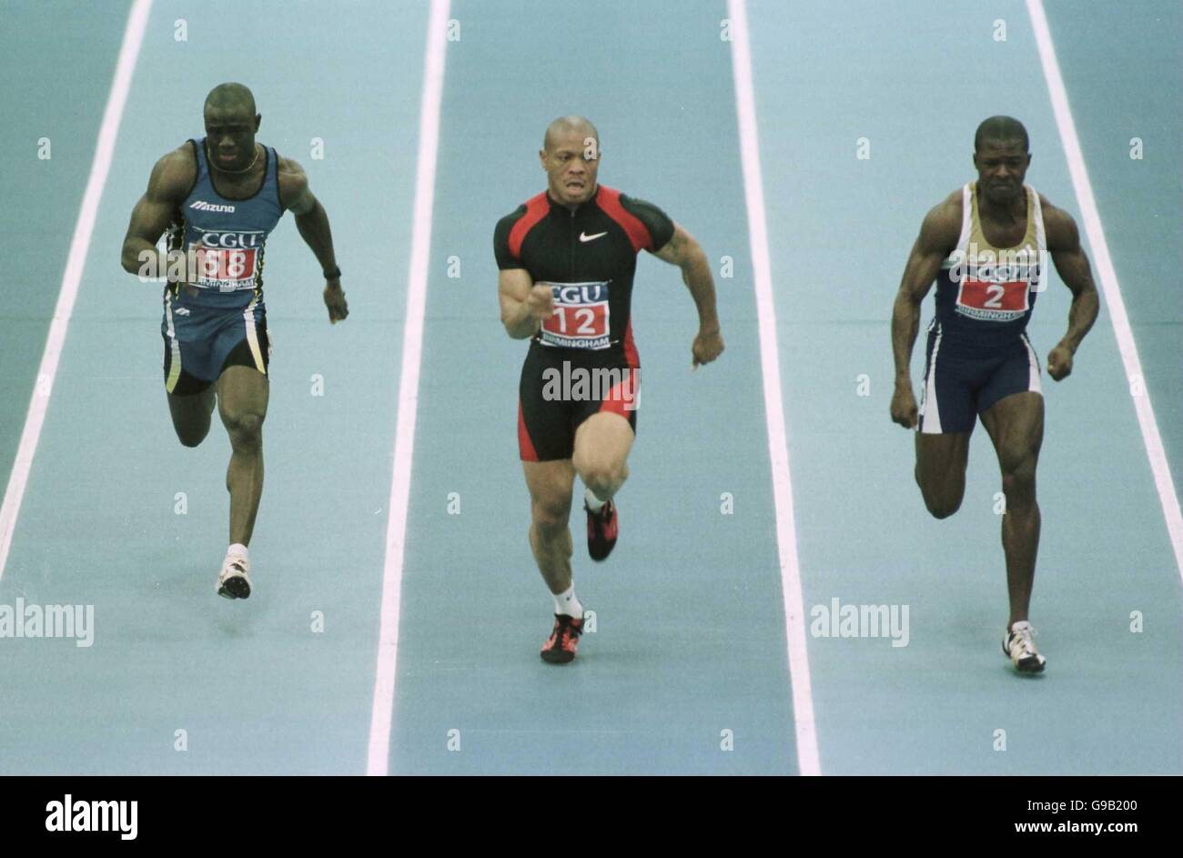 Atletica - CGU Indoor Grand Prix - NIA, Birmingham. Maurice Greene (c) sulla strada per vincere la finale di 60 m davanti a Freddy Mayola (2) e Leonard Myles-Mills (58) Foto Stock