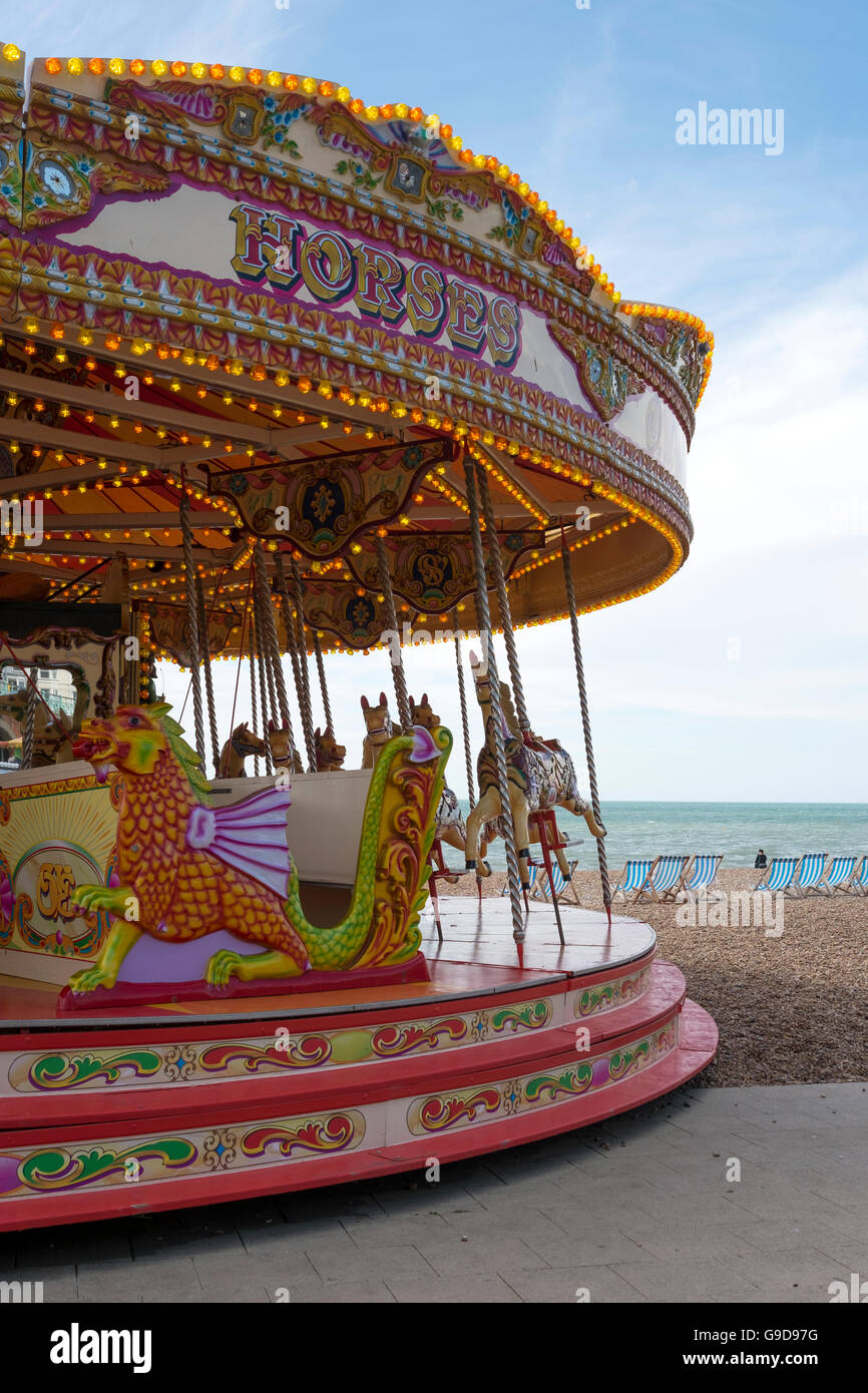 Giostra, la spiaggia di Brighton, Inghilterra Foto Stock