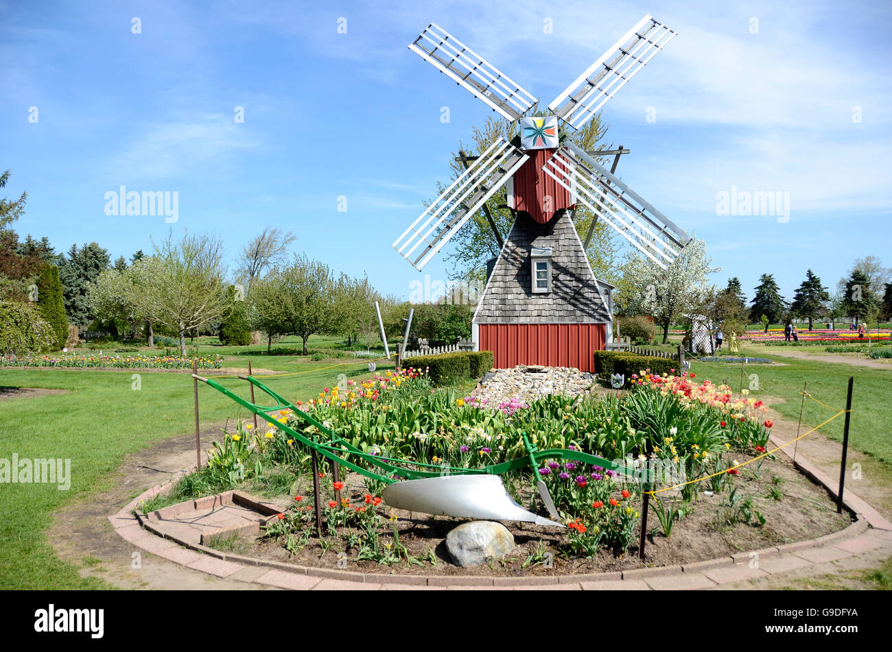 Il mulino a vento a Veldheer azienda durante il tulip time festival in Olanda, Michigan Foto Stock