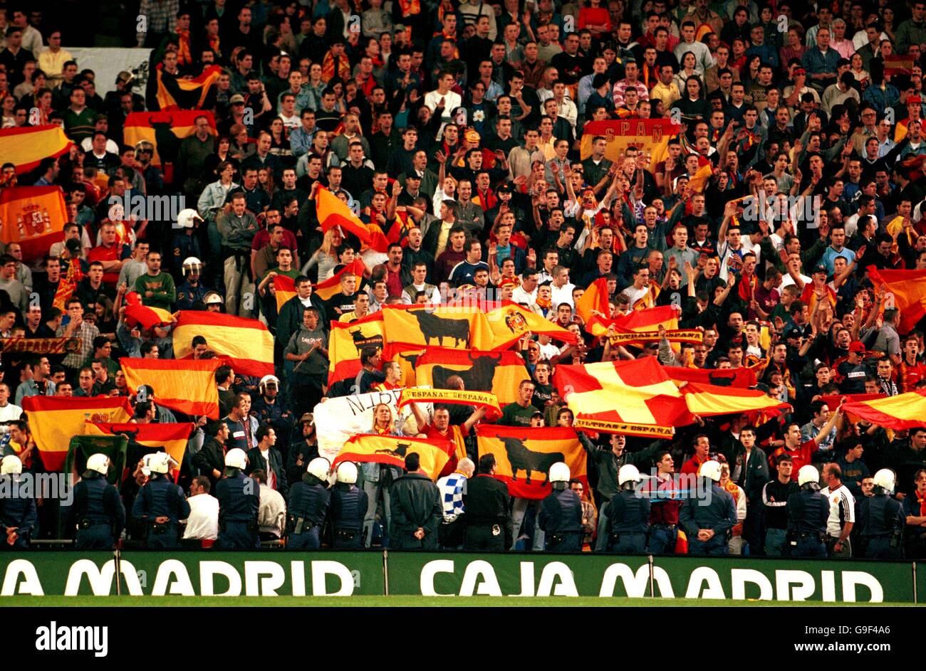 Calcio - Coppa del mondo 2002 Qualifier - Gruppo sette - Spagna / Israele. I tifosi spagnoli ondano la bandiera nazionale Foto Stock