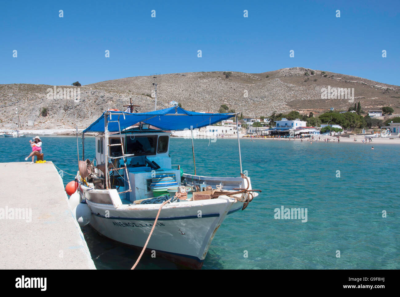 Vista sulla spiaggia di Isola di Pserimos, del Dodecaneso, Egeo Meridionale Regione, Grecia Foto Stock