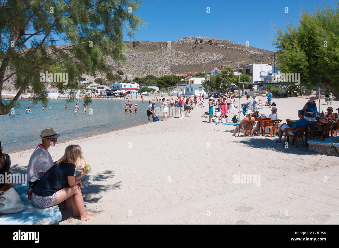Spiaggia principale sull isola di Pserimos, del Dodecaneso, Egeo Meridionale Regione, Grecia Foto Stock