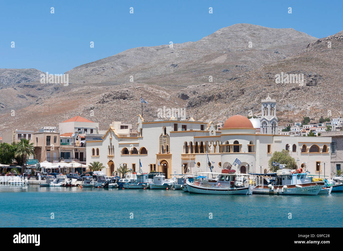 La vista del porto, Pothia (Pothaia), Kalymnos, del Dodecaneso, Egeo Meridionale Regione, Grecia Foto Stock