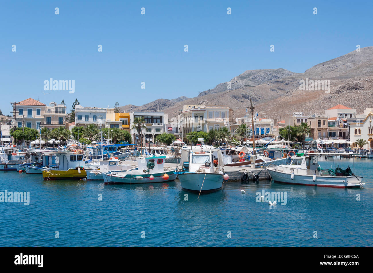 La vista del porto, Pothia (Pothaia), Kalymnos, del Dodecaneso, Egeo Meridionale Regione, Grecia Foto Stock