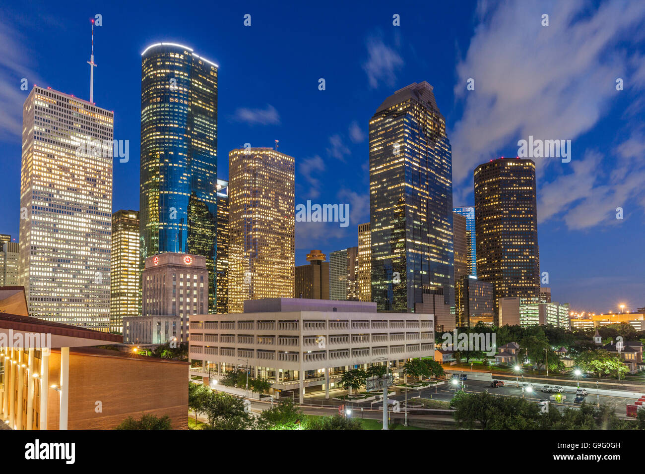 Lo skyline di Houston al crepuscolo Foto Stock