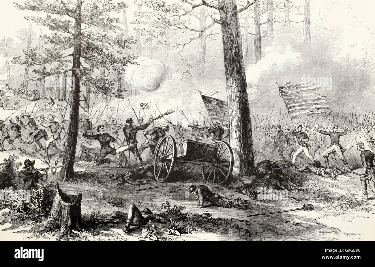 La battaglia di Bentonville, NC - Maggiore Generale falciatrice, comandando prima divisione, diciassettesimo Corps, in fuga i confederati a sinistra, a mezzo miglio dal Bentonville, Marzo 20, 1865. USA LA GUERRA CIVILE Foto Stock