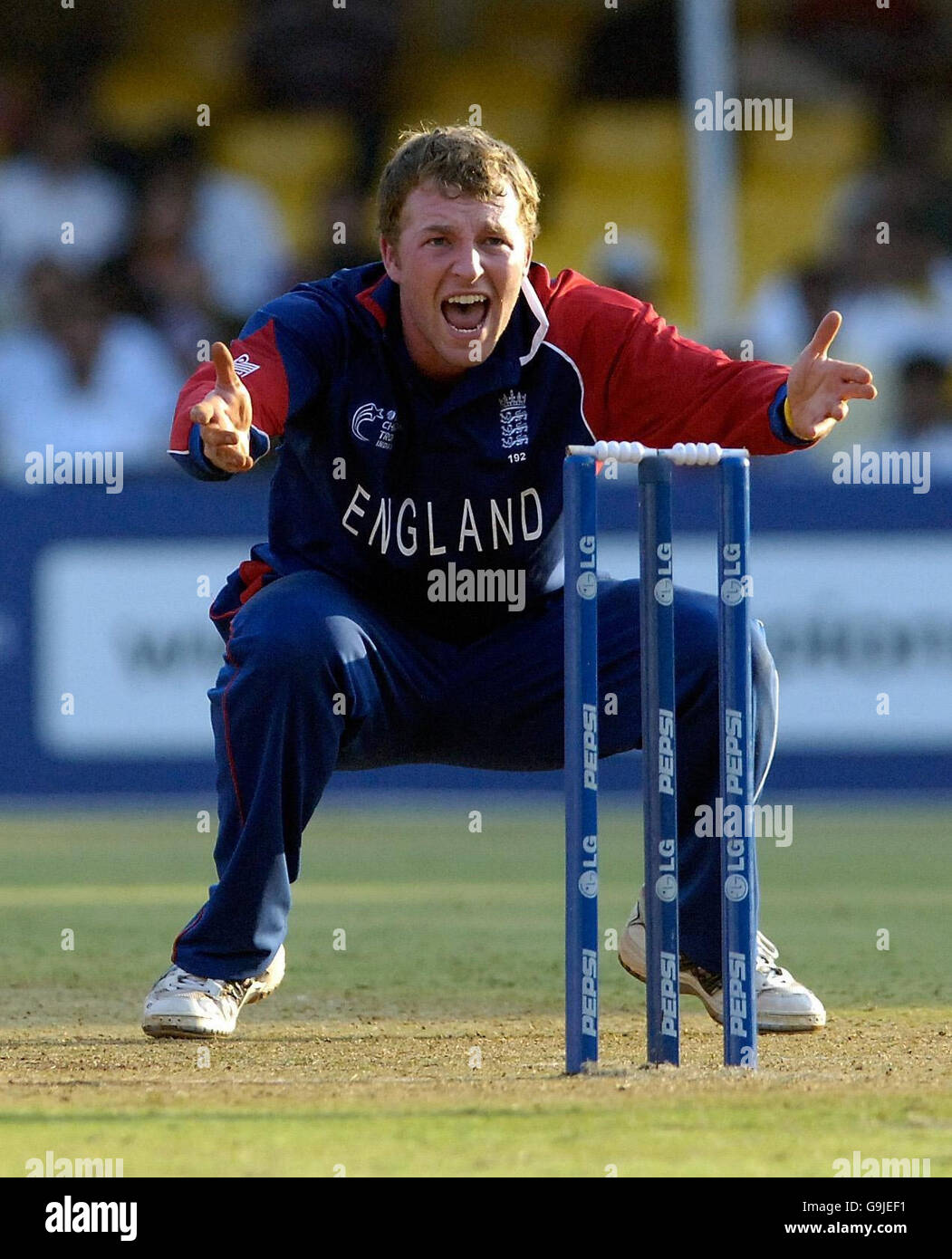 Il Jamie Dalrymple in Inghilterra si rivolge senza successo alla lbw durante la partita ICC Champions Trophy contro le West Indies allo stadio Sardar Patel di Ahmedabad, India. Foto Stock