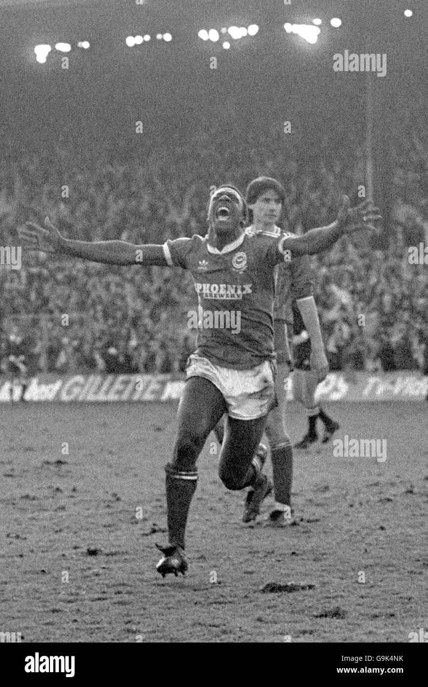 Calcio - fa Cup - Fourth Round - Brighton and Hove Albion / Liverpool - Goldstone Ground. Terry Connor di Brighton e Hove Albion celebra il secondo gol della sua squadra Foto Stock