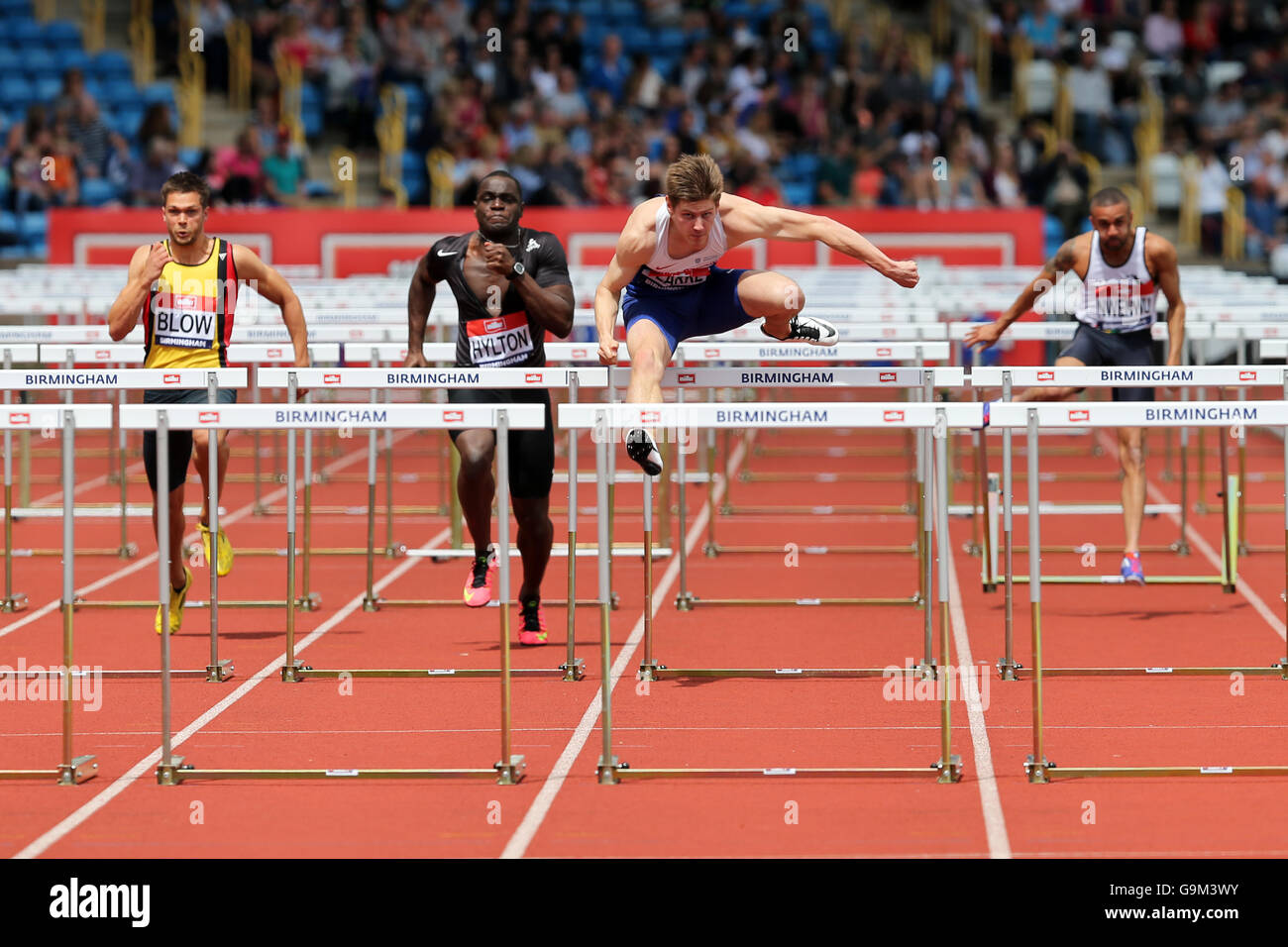 Andy BLOW, Giuseppe HYLTON, Lawrence CLARKE & Alex NWENWU, Uomini 110m Hurdles - calore 3, 2016 del Campionato Britannico, Birmingham Alexander Stadium Regno Unito. Foto Stock
