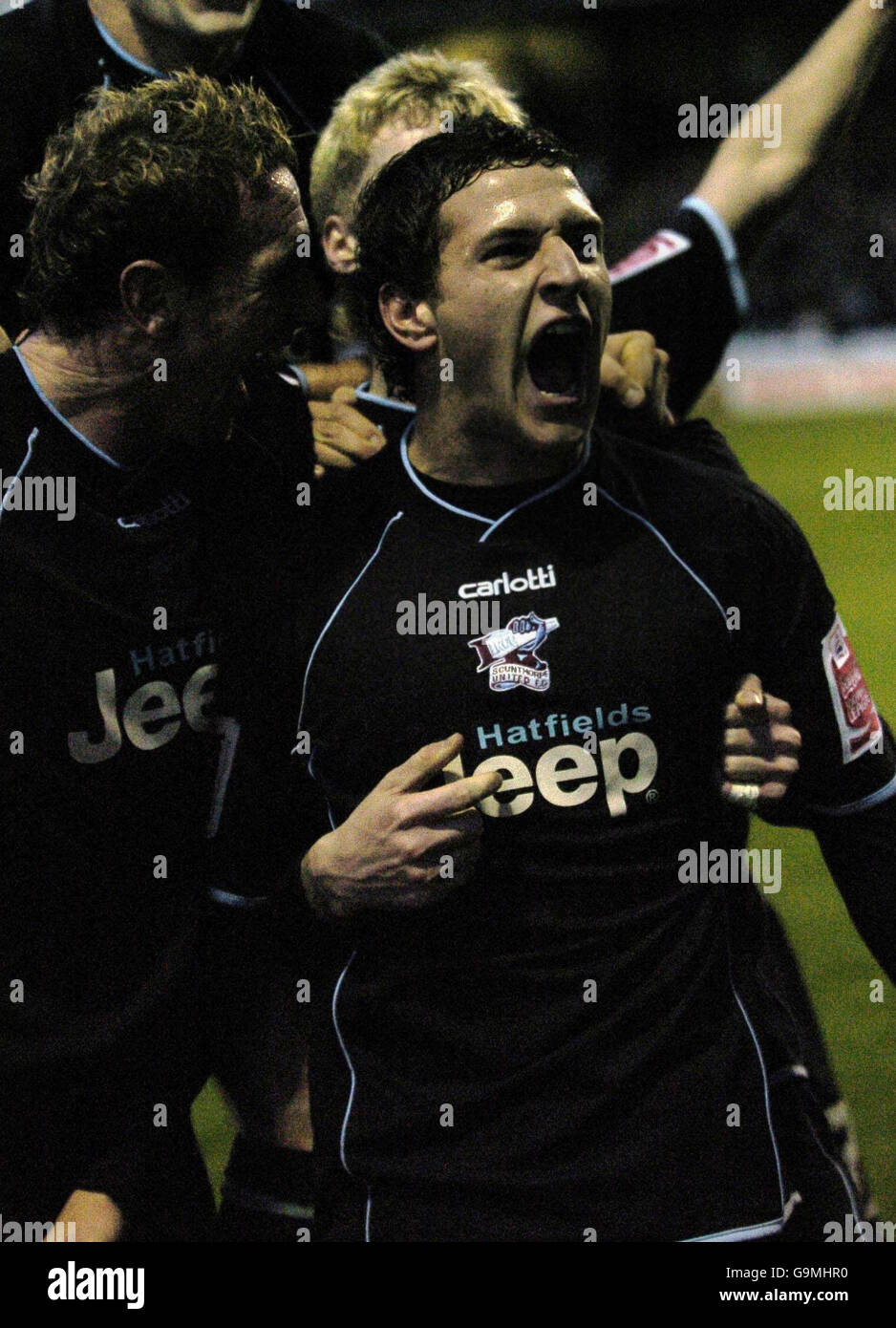 Billy Sharp di Scunthorpe celebra il suo secondo obiettivo durante la partita di Coca Cola League One contro Yeovil a Huish Park, Yeovil. Foto Stock