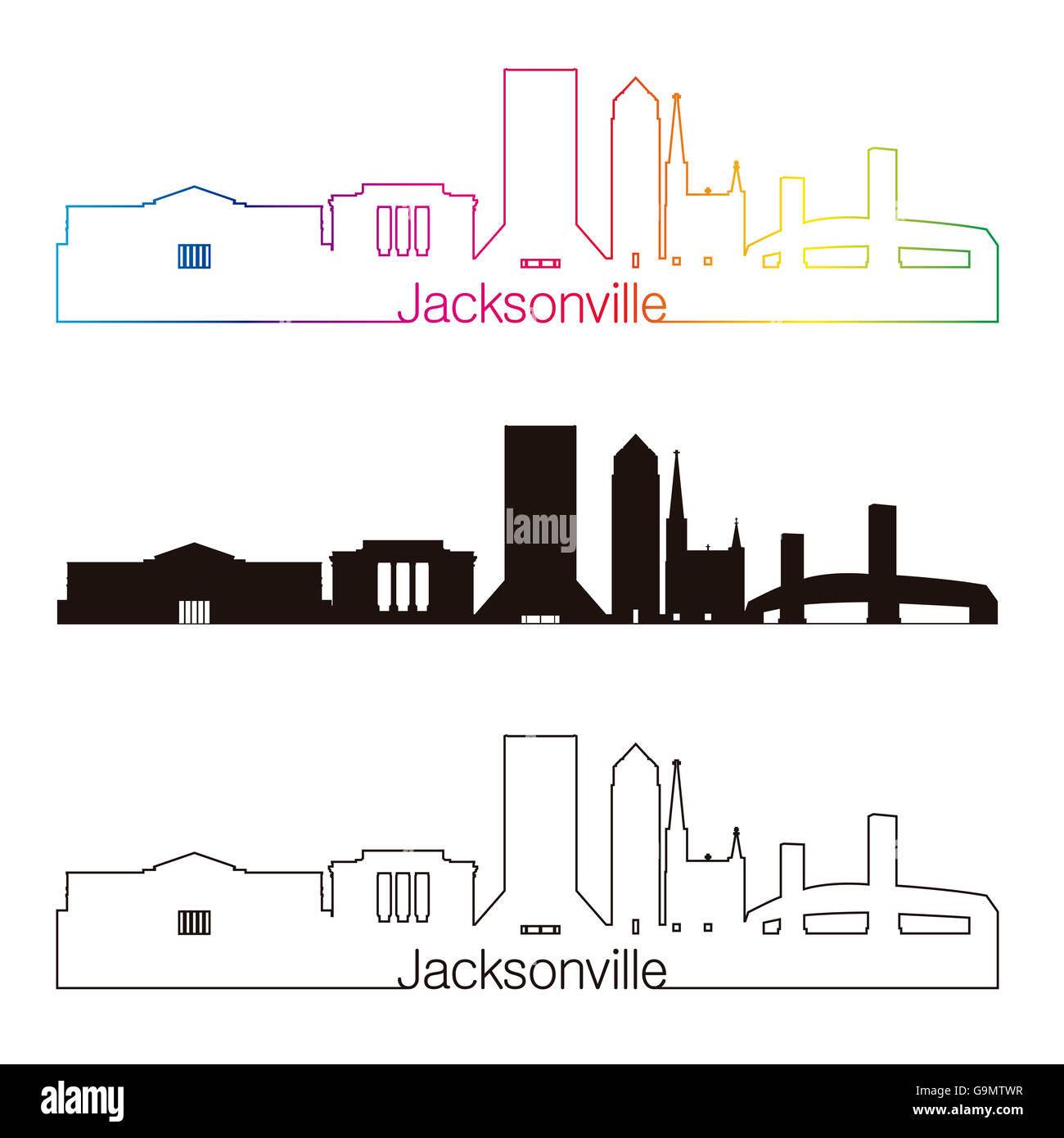 Il Jacksonville skyline stile lineare con arcobaleno nel modificabile file vettoriali Foto Stock