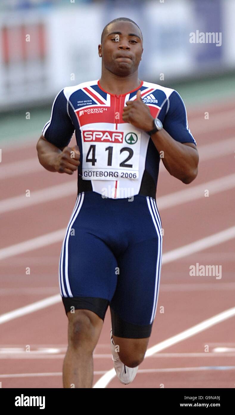 Atletica - Campionati europei di atletica 2006 - Stadio Ullevi. Mark Lewis-Francis della Gran Bretagna si allena dopo le qualifiche nella semifinale Mens 100m Foto Stock