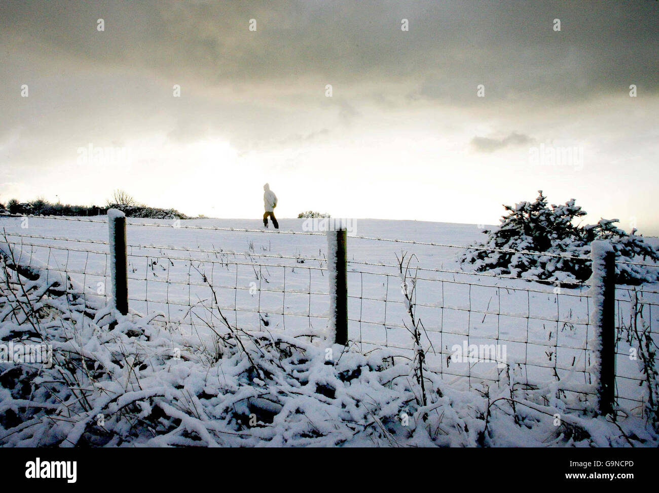 Un uomo cammina su una collina vicino a Folkestone, Kent, dopo che la neve è caduta la notte scorsa. Foto Stock