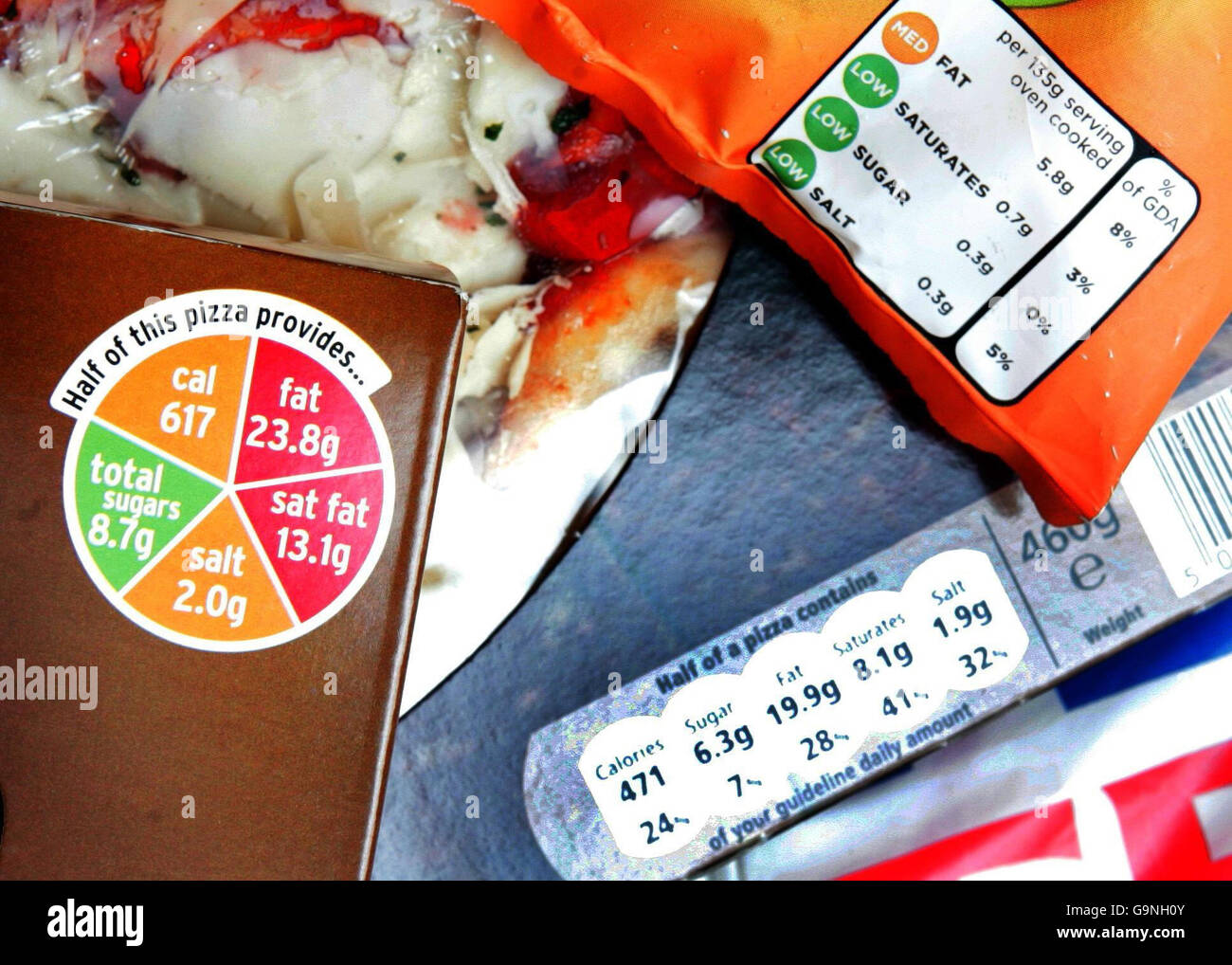 Una gamma di etichette sulle confezioni, tra cui (a sinistra) una scatola per pizza di Sainsbury's con l'etichetta del sistema di semafori e altri esempi di etichettatura dei nuovi prodotti alimentari in contrasto, che mostrano ai consumatori quanto il cibo sia sano contenuto nella confezione. Foto Stock