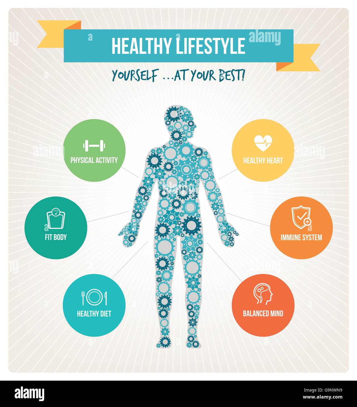 Corpo sano stile di vita e il concetto infographics con corpo umano costituita da ingranaggi e di uno stile di vita sano set di icone Illustrazione Vettoriale