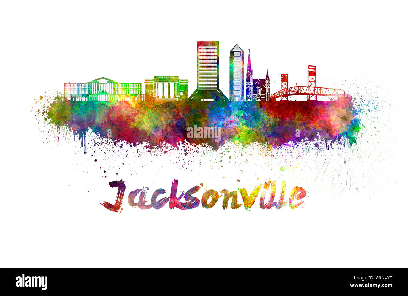 Il Jacksonville skyline in acquerello schizza con tracciato di ritaglio Foto Stock