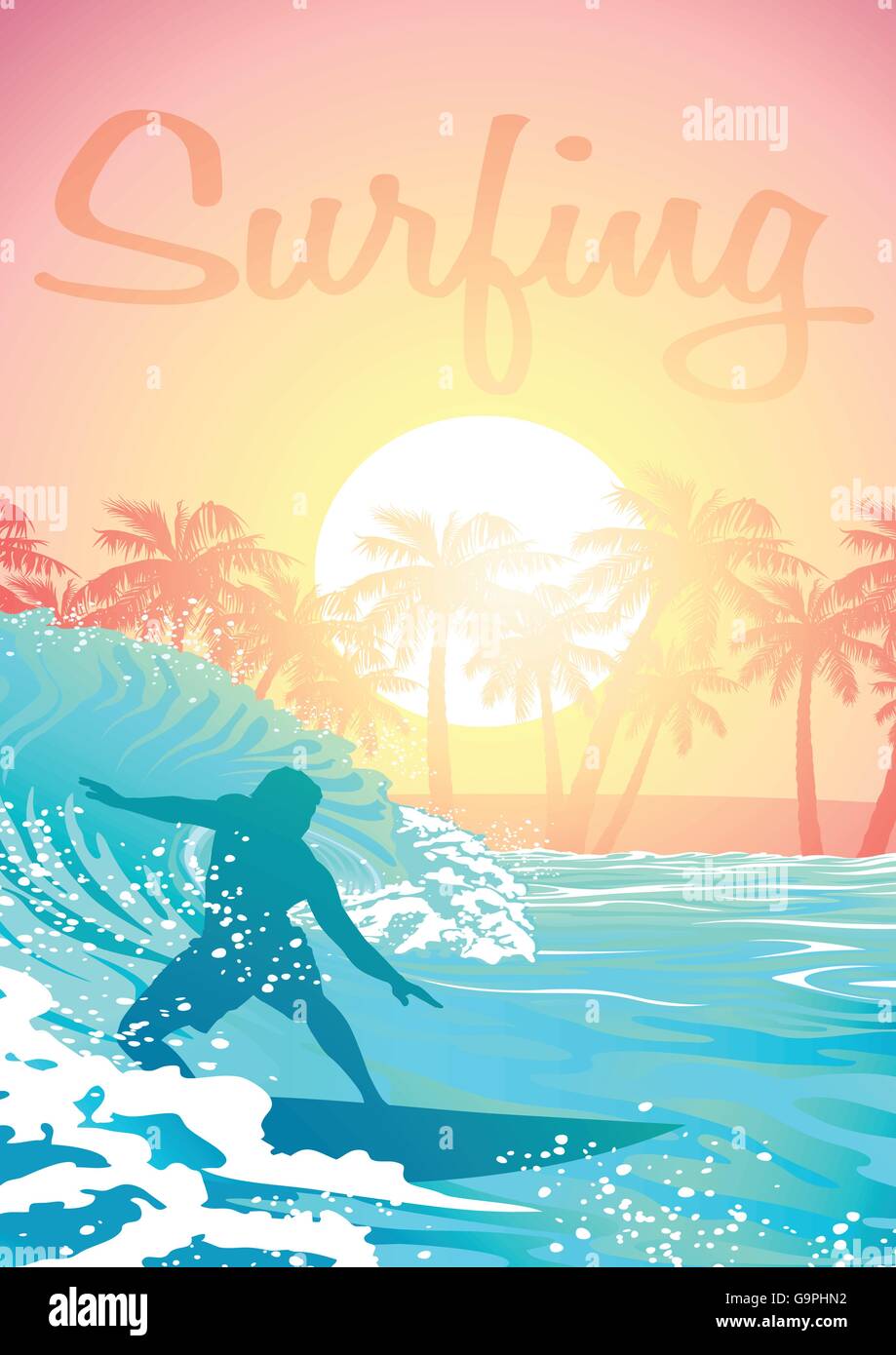 Maschio di surf a sunrise con palme . Illustrazione Vettoriale