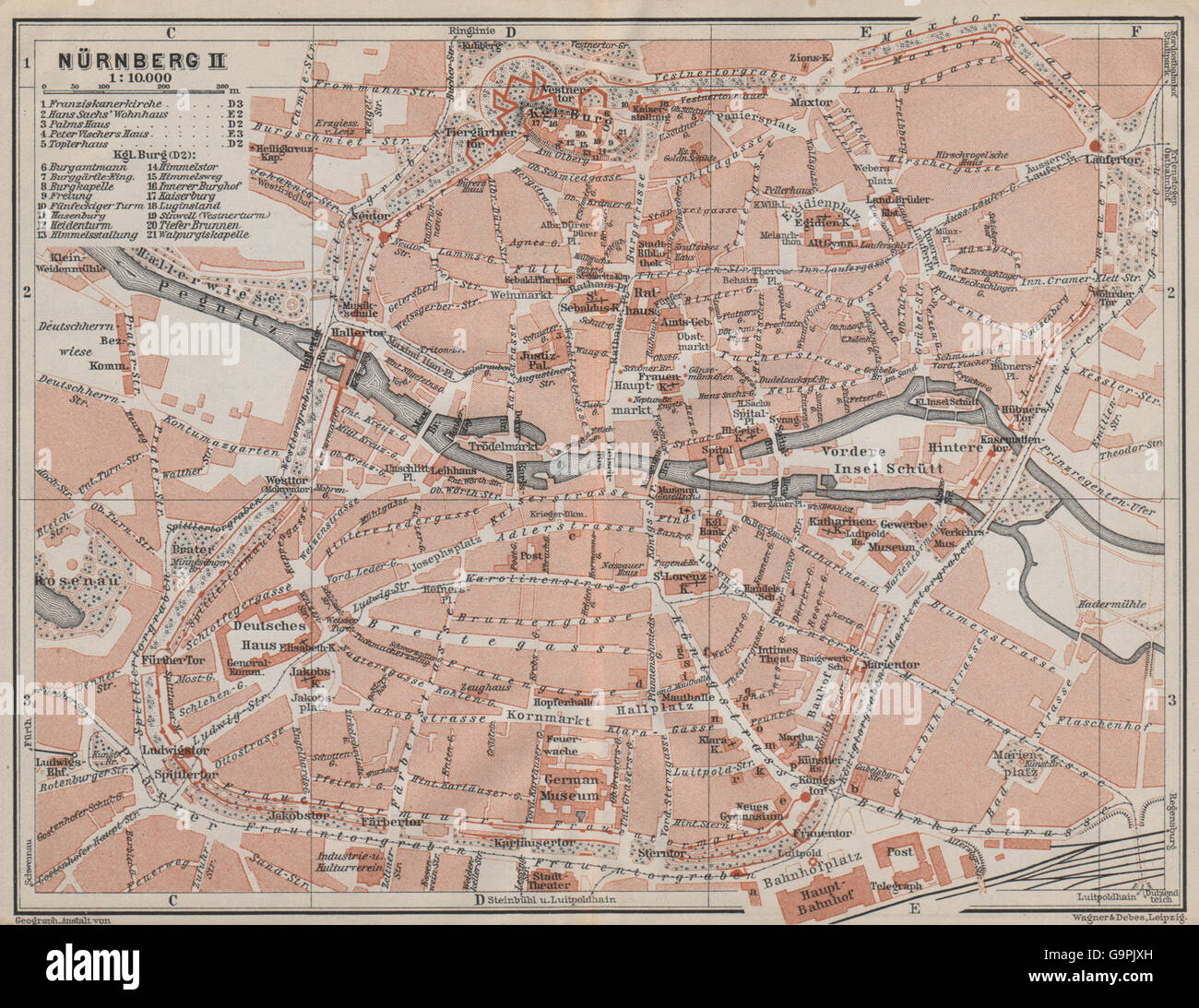 Norimberga centro città/innere stadtplan. Norimberga. Bavaria karte, 1910 Mappa Foto Stock