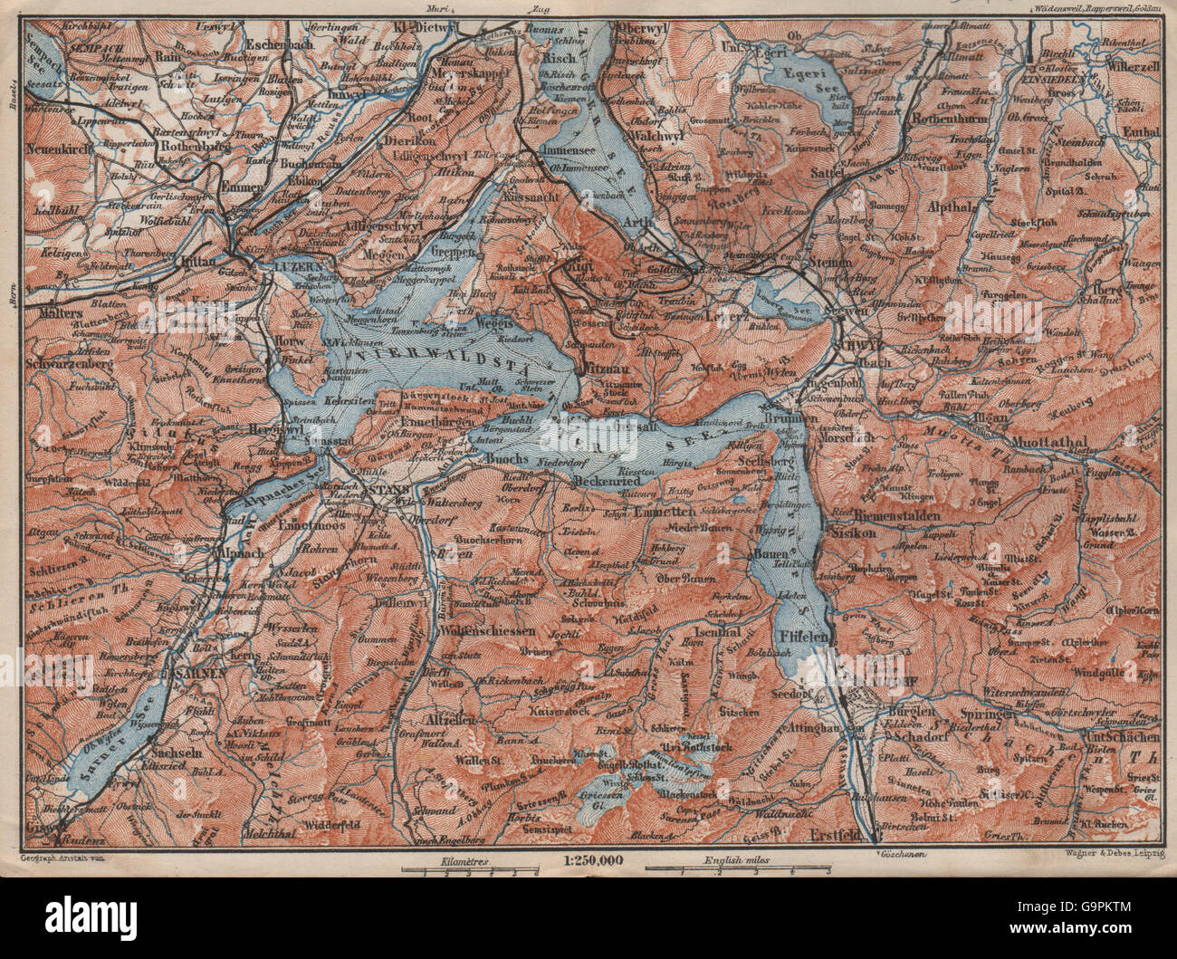 Il lago di Lucerna. Vierwaldstättersee. Luzern Engelberg Sarnen Altorf Stanz, 1897 Mappa Foto Stock