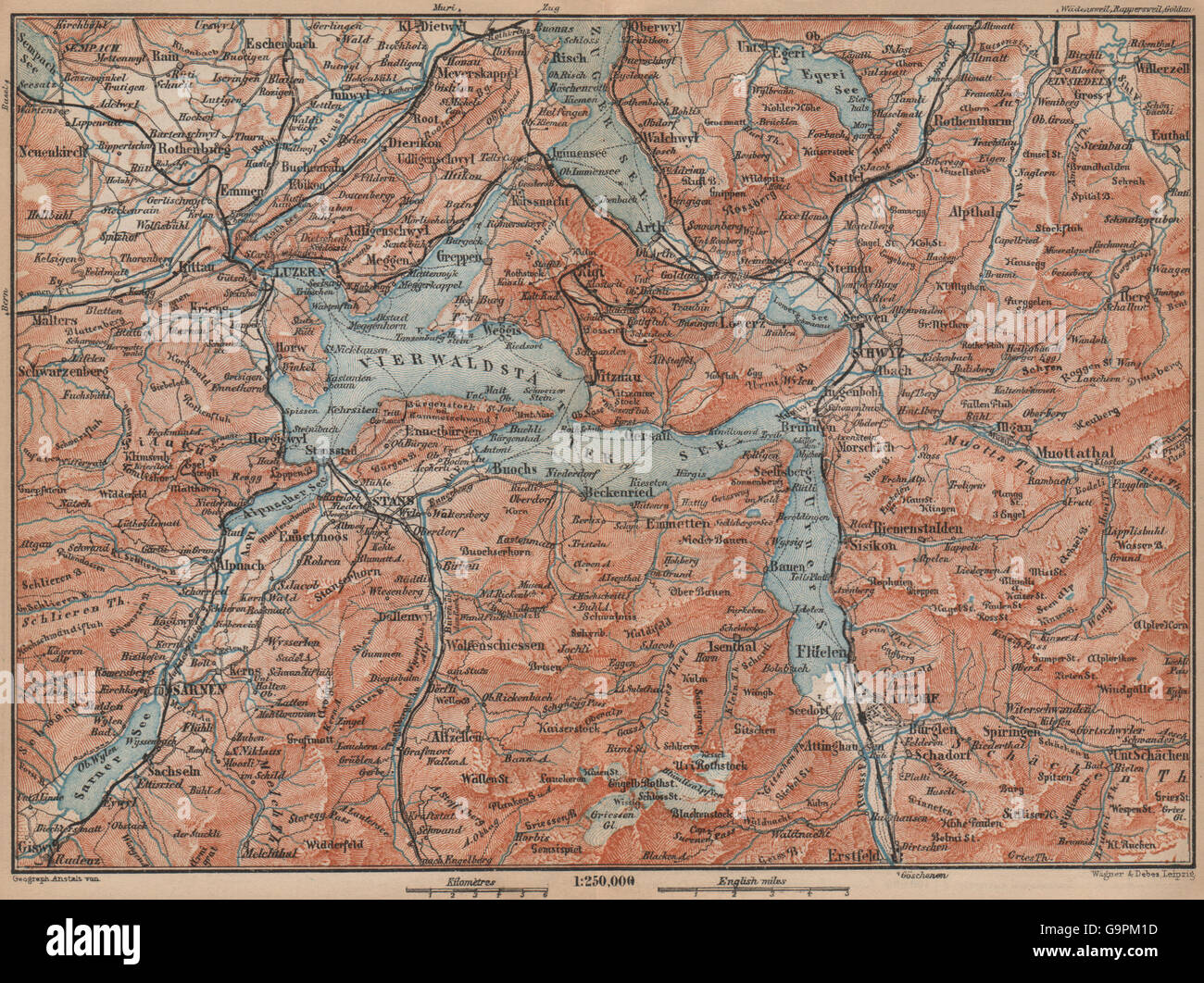 Il lago di Lucerna. Vierwaldstättersee. Luzern Engelberg Sarnen Altorf Stanz, 1899 Mappa Foto Stock