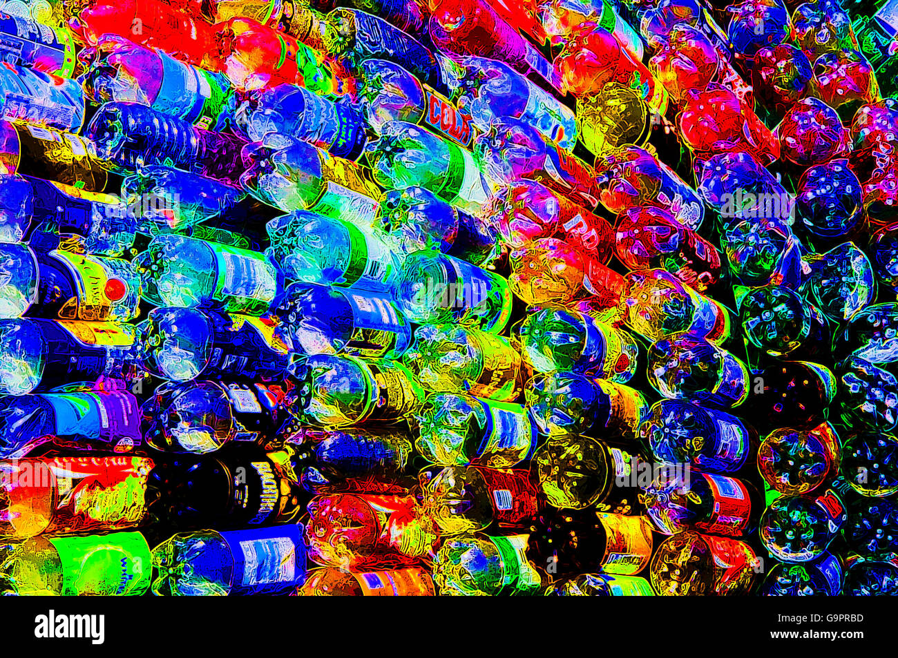 Vivida immagine astratta di una moderna arte scultura realizzata da bottiglie di plastica riciclate Foto Stock