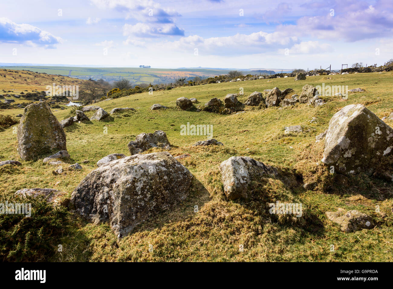 Età del Bronzo hut cerchi sul Harford Moro () Dartmoor Devon, Inghilterra Foto Stock