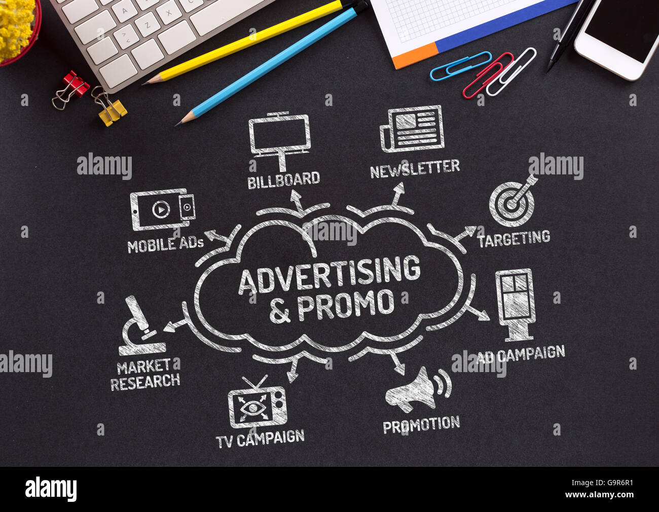 Pubblicità e Promo grafico con le parole chiave e le icone sulla lavagna Foto Stock