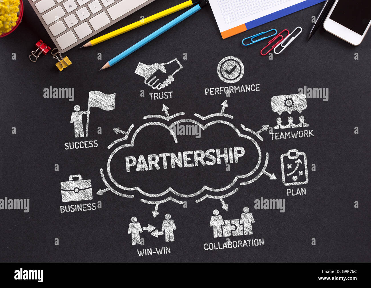 Grafico di partenariato con le parole chiave e le icone sulla lavagna Foto Stock