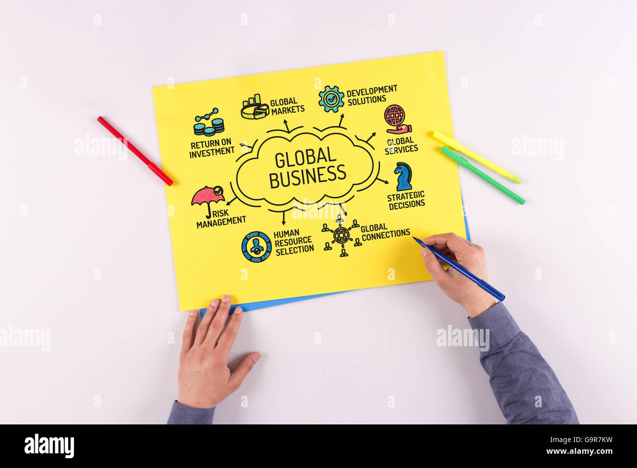 Global Business grafico con parole chiave e disegna le icone Foto Stock