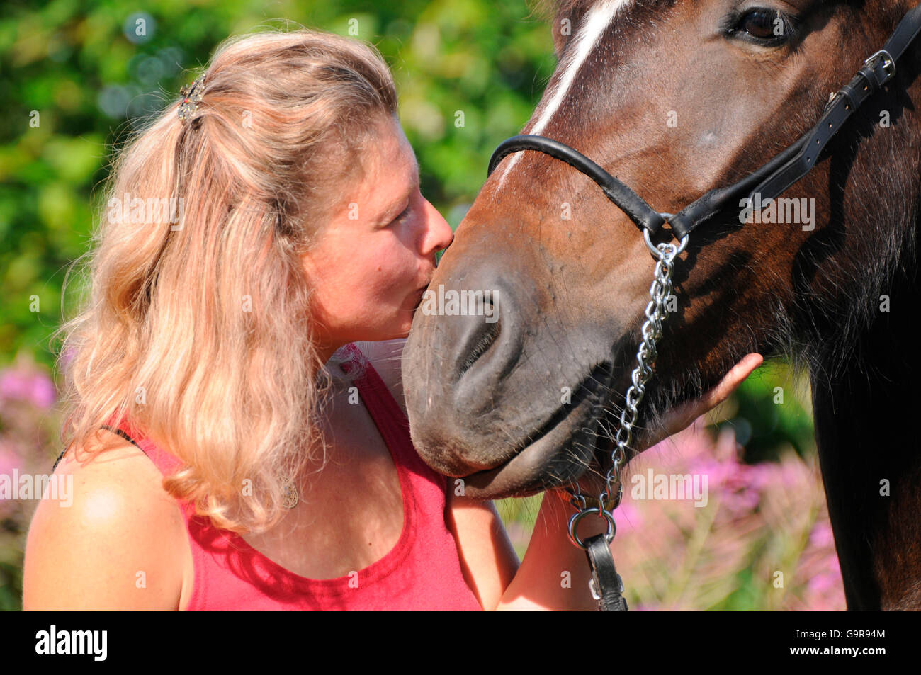 Donna kissing Cavallo / halter Foto Stock