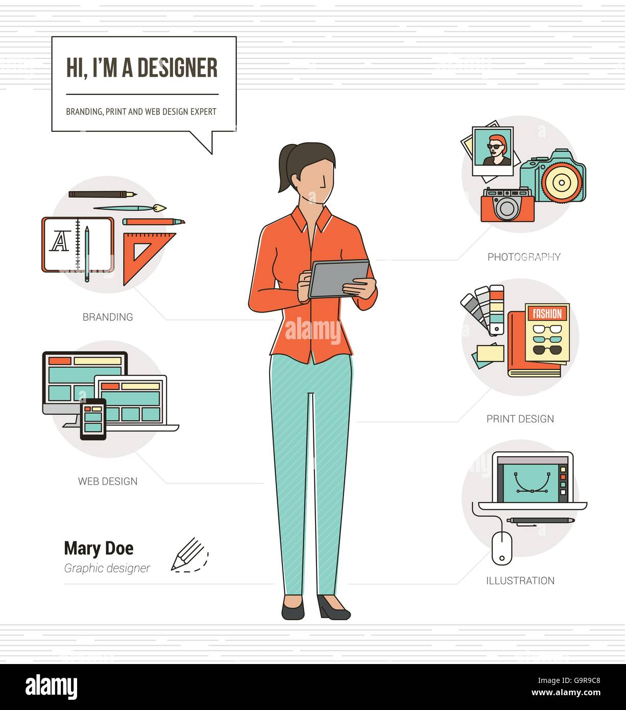 Professionale di graphic designer, fotografo e illustratore di competenze ed infografico riprendere con icone e strumenti Illustrazione Vettoriale