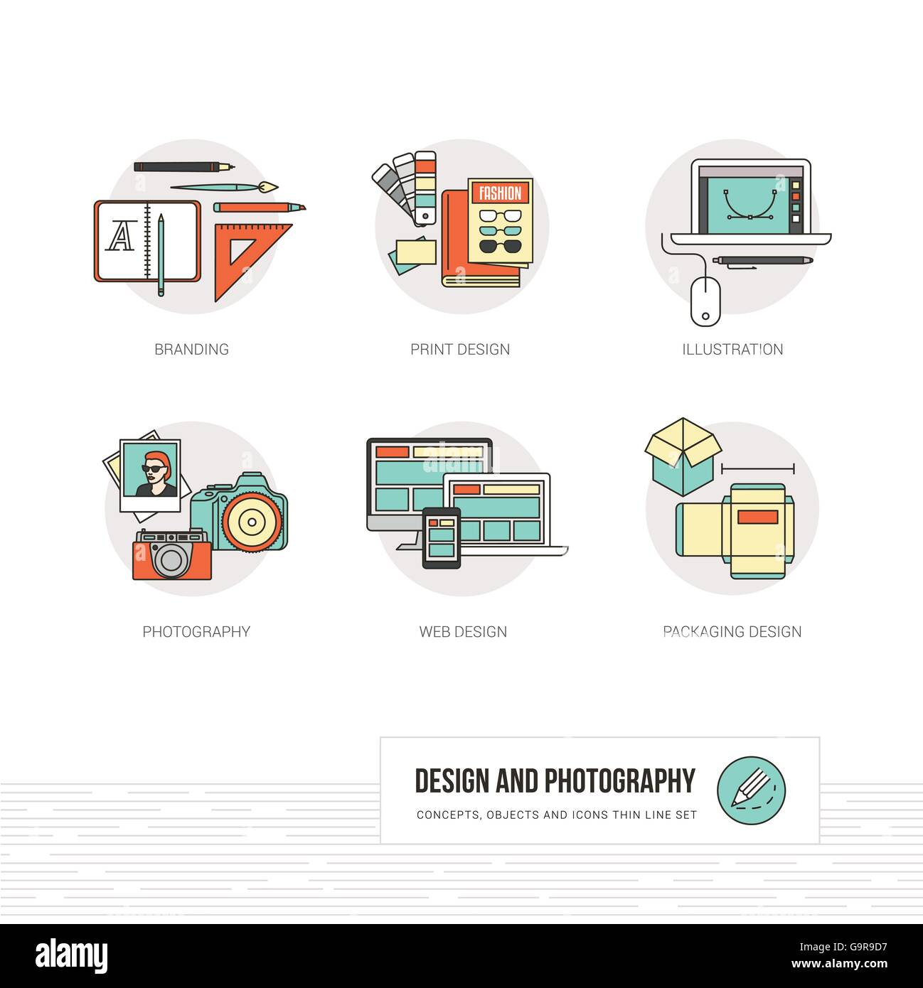 Fotografia, illustrazione, grafica e web design concetti, linea sottile icone e set di oggetti Illustrazione Vettoriale