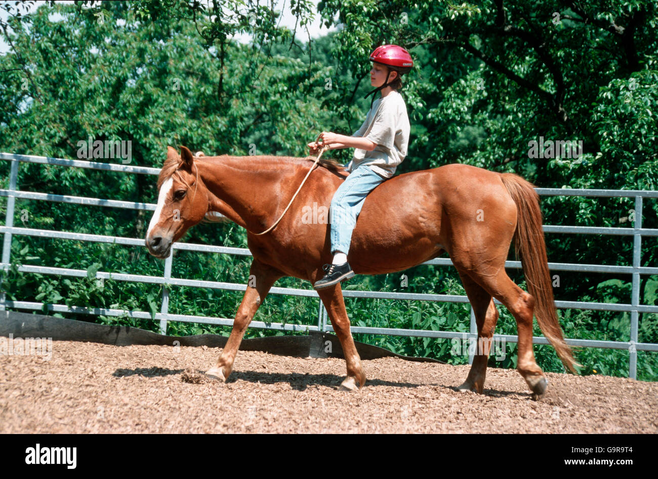 Bareback riding, ragazza avente Lezione di equitazione, mare / equitazione casco Foto Stock