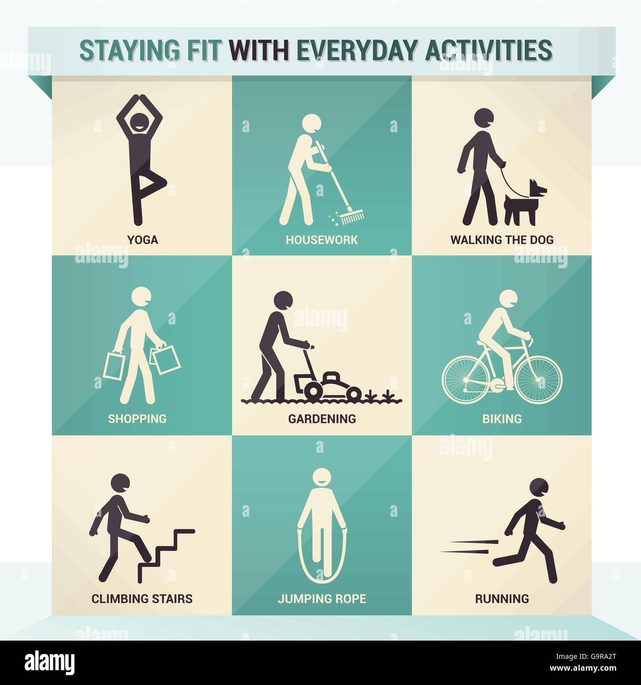 Stare in forma con le attività quotidiane ed esercizi, stick figure una infografica Illustrazione Vettoriale