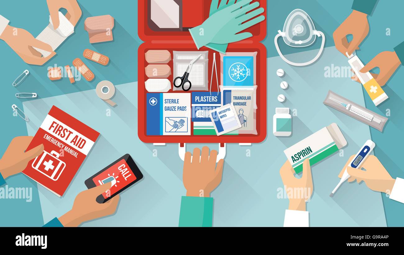 Kit di primo soccorso con i farmaci e le attrezzature di emergenza e il team medico le mani Illustrazione Vettoriale