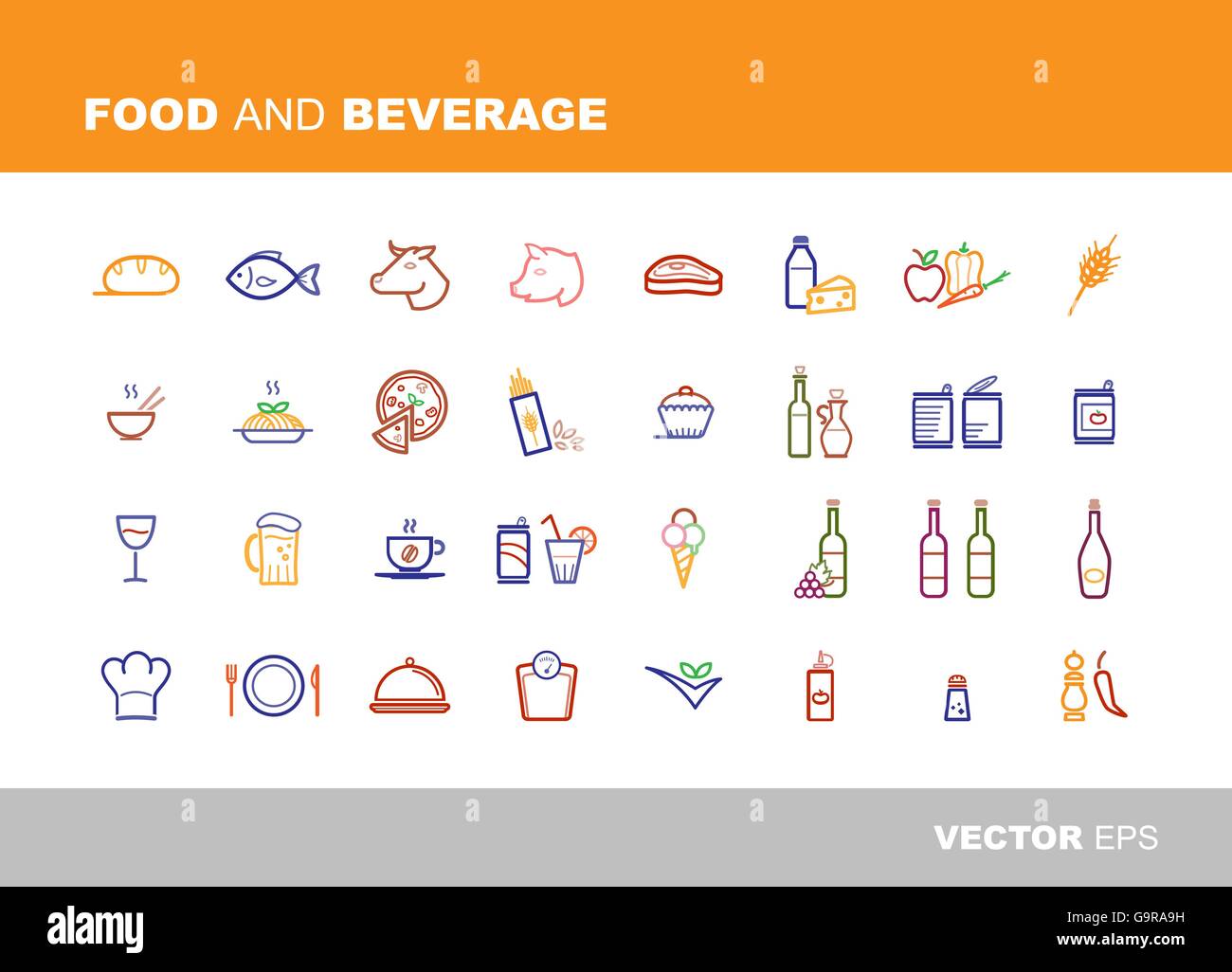 Il cibo e le bevande set di icone, linea sottile Illustrazione Vettoriale