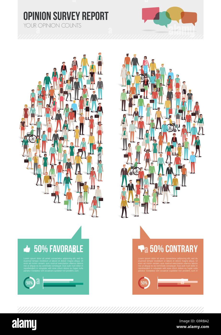 Parere survey report con grafico a torta composto da gente divisa a metà, statistiche e dati anagrafici infographics Illustrazione Vettoriale