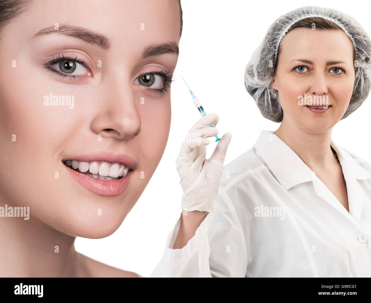 Bella donna volto vicino al dottore con siringa Foto Stock
